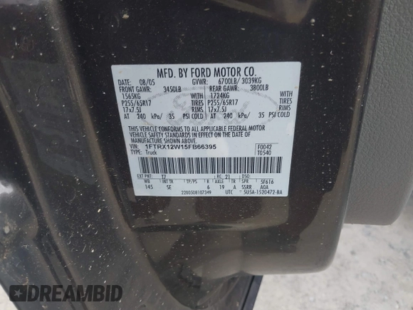 2005 Ford F-150 STX with VIN 1FTRX12W15FB66395, listed as a IAAI auction lot 42592485 with 226,835 mi miles and . Bid and sale history available at DreamBid. Image 9.