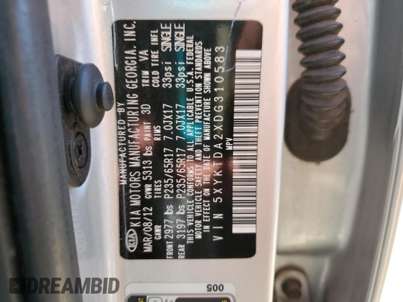 2013 Kia Sorento LX with VIN 5XYKTDA2XDG310583, listed as a Copart auction lot 53015265 with 167,009 mi miles and Non repairable. Bid and sale history available at DreamBid. Image 13.