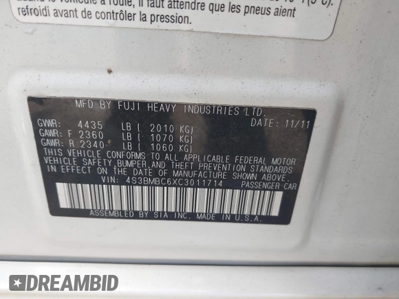 2012 Subaru Legacy Premium with VIN 4S3BMBC6XC3011714, listed as a IAAI auction lot 42364024 with 107,586 mi miles and . Bid and sale history available at DreamBid. Image 9.