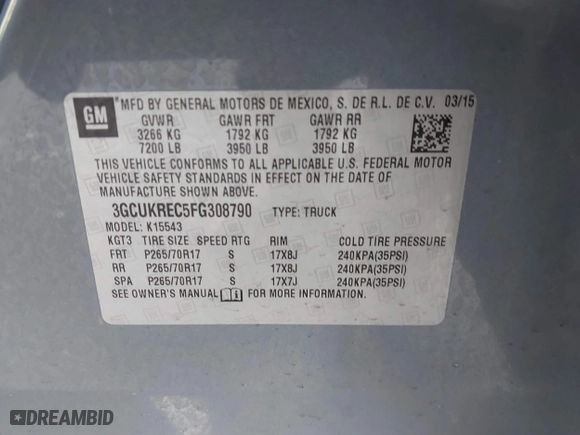 2015 Chevrolet Silverado 1500 LT with VIN 3GCUKREC5FG308790, listed as a IAAI auction lot 41879712 with 85,015 mi miles. Bid and sale history available at carsss.com. Image 9.