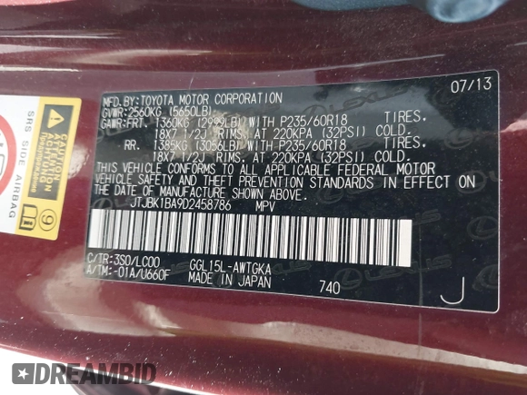 2013 Lexus RX 350 с VIN JTJBK1BA9D2458786, выставлен на аукционе IAAI как лот 42713595 с пробегом 149 893 миль миль и . История ставок и продаж доступна на DreamBid. Изображение 9.