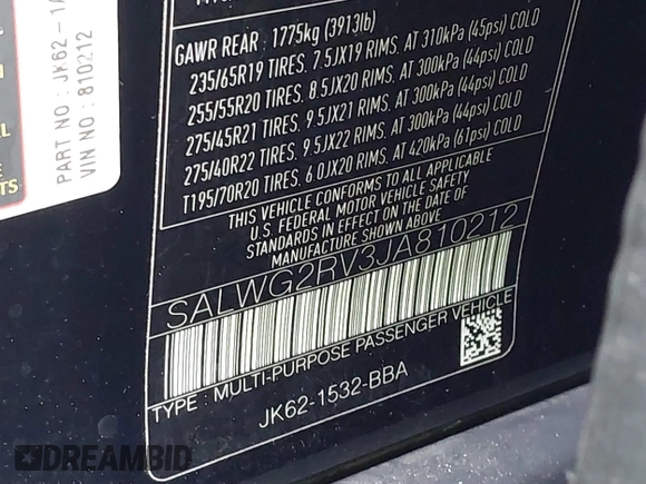 2018 Land Rover Range Rover Sport SE with VIN SALWG2RV3JA810212, listed as a IAAI auction lot 41632432 with 55,472 mi miles and . Bid and sale history available at DreamBid. Image 9.