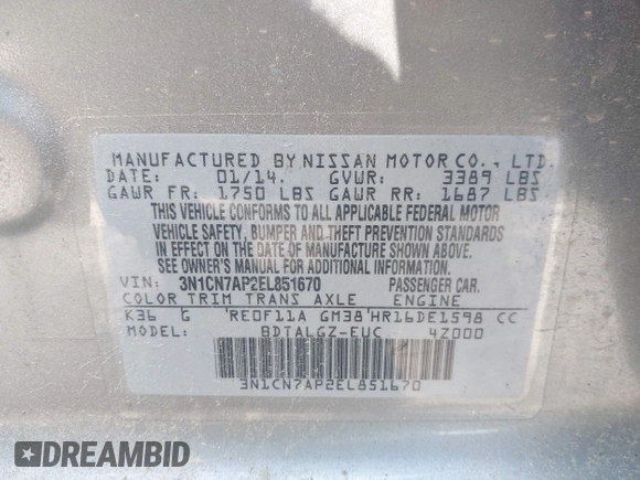 2014 Nissan Versa SV with VIN 3N1CN7AP2EL851670, listed as a IAAI auction lot 42167654 with 112,277 mi miles. Bid and sale history available at carsss.com. Image 9.