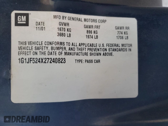 2002 Chevrolet Cavalier LS z VIN 1G1JF524X27240823, wystawiony jako Copart lot #88822755 z przebiegiem 212 110 mil mil oraz Szkoda całkowita • Salvage title. Historia ofert i sprzedaży dostępna na DreamBid. Obrazek 15.