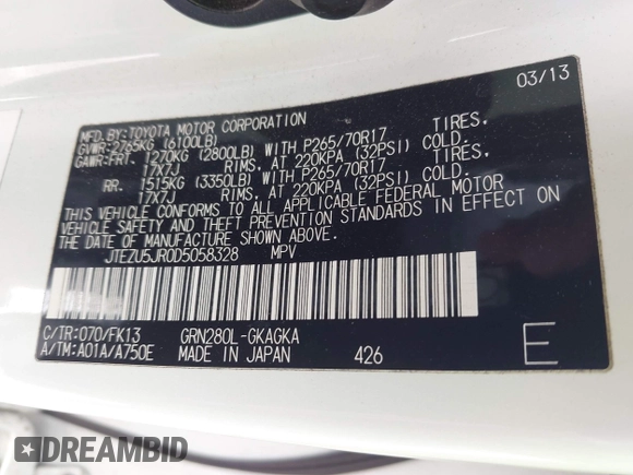 2013 Toyota 4Runner SR5 with VIN JTEZU5JR0D5058328, listed as a IAAI auction lot 41948095 with 195,332 mi miles and . Bid and sale history available at DreamBid. Image 9.