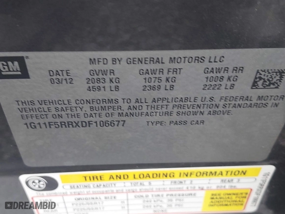 2013 Chevrolet Malibu ECO with VIN 1G11F5RRXDF106677, listed as a IAAI auction lot 41738890 with 101,924 mi miles. Bid and sale history available at carsss.com. Image 9.