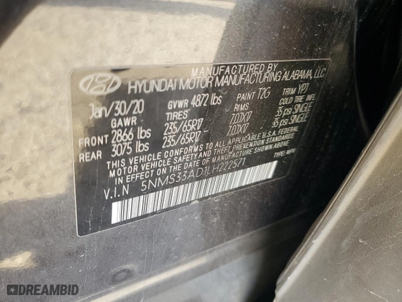 2020 Hyundai Santa Fe SEL with VIN 5NMS33AD1LH222571, listed as a Copart auction lot 49664885 with 74,970 mi miles and Salvage Title. Bid and sale history available at carsss.com. Image 13.