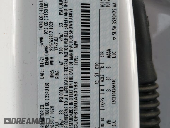 2021 Ford Escape S с VIN 1FMCU0F61MUA53183, выставлен на аукционе Copart как лот 51624035 с пробегом 57 520 миль миль и Списание • Salvage title. История ставок и продаж доступна на DreamBid. Изображение 13.