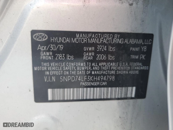 2019 Hyundai Elantra SE with VIN 5NPD74LF3KH494798, listed as a Copart auction lot 42060575 with 72,579 mi miles and Non Repairable. Bid and sale history available at carsss.com. Image 14.