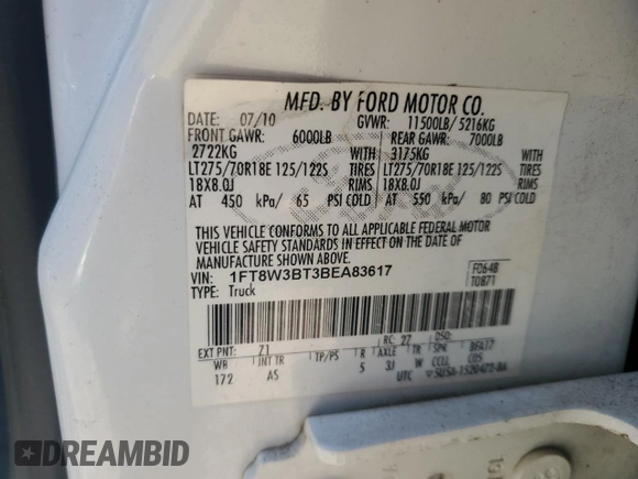 2011 Ford F-350 XL with VIN 1FT8W3BT3BEA83617, listed as a Copart auction lot 53364035 with 149,707 mi miles and Clean Title. Bid and sale history available at DreamBid. Image 12.