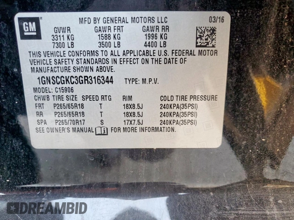 2016 Chevrolet Suburban LS z VIN 1GNSCGKC3GR316344, wystawiony jako Copart lot #65983205 z przebiegiem 100 011 mil mil oraz Czysty tytuł • Clean title. Historia ofert i sprzedaży dostępna na DreamBid. Obrazek 13.