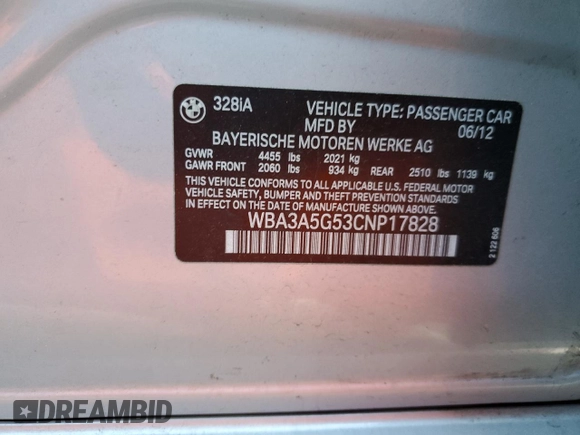 2012 BMW 3 Series 328i with VIN WBA3A5G53CNP17828, listed as a Copart auction lot 80922644 with 145,716 mi miles and Salvage Title. Bid and sale history available at carsss.com. Image 12.