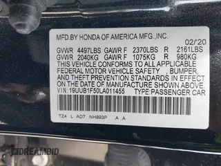 2020 Acura TLX w/Technology Pkg with VIN 19UUB1F50LA011455, listed as a IAAI auction lot 41708297 with 108,363 mi miles. Bid and sale history available at carsss.com. Image 9.