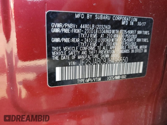 2018 Subaru Forester with VIN JF2SJABC9JH495550, listed as a Copart auction lot 60464915 with 20,459 mi miles and Salvage title. Bid and sale history available at DreamBid. Image 13.