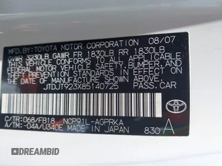 2008 Toyota Yaris with VIN JTDJT923X85140725, listed as a IAAI auction lot 42555401 with 226,449 mi miles and . Bid and sale history available at DreamBid. Image 9.