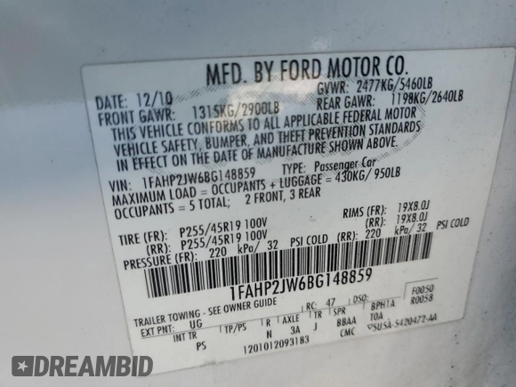 2011 Ford Taurus Limited with VIN 1FAHP2JW6BG148859, listed as a Copart auction lot 45736365 with 153,194 mi miles and Salvage title. Bid and sale history available at DreamBid. Image 12.