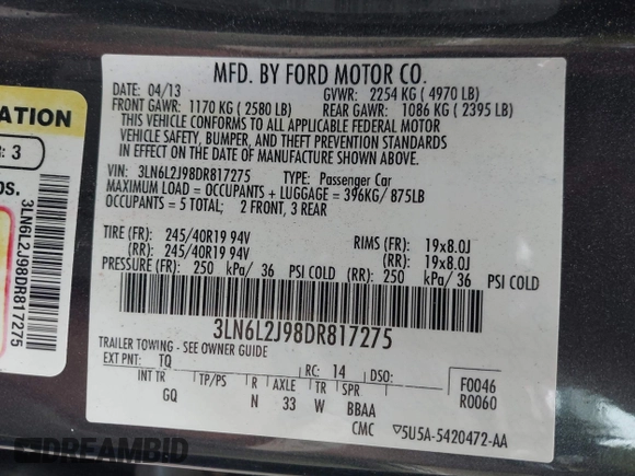 2013 Lincoln MKZ with VIN 3LN6L2J98DR817275, listed as a IAAI auction lot 42196186 with 128,456 mi miles. Bid and sale history available at carsss.com. Image 9.