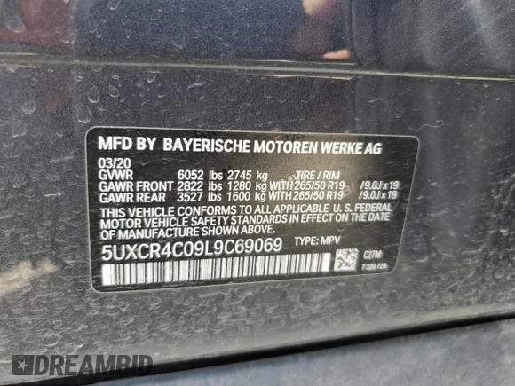 2020 BMW X5 sDrive40i with VIN 5UXCR4C09L9C69069, listed as a Copart auction lot 56543425 with 65,326 mi miles and Salvage Title. Bid and sale history available at DreamBid. Image 12.