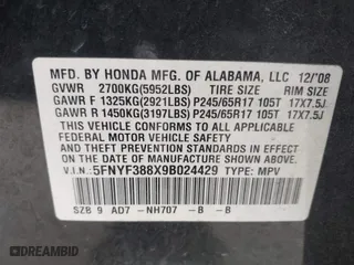 2009 Honda Pilot Touring with VIN 5FNYF388X9B024429, listed as a IAAI auction lot 41924600 with 125,400 mi miles. Bid and sale history available at carsss.com. Image 9.