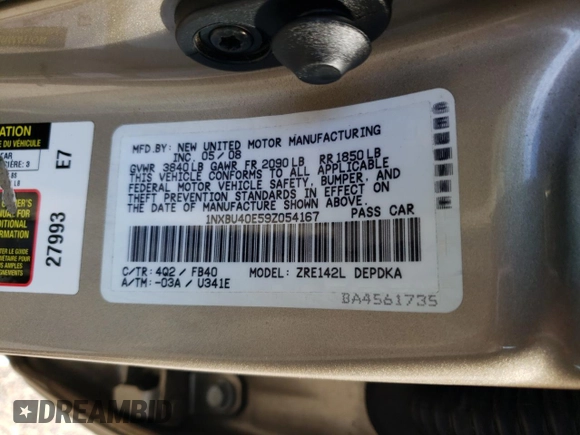 2009 Toyota Corolla with VIN 1NXBU40E59Z054167, listed as a Copart auction lot 87314624 with 141,235 mi miles and Salvage Title. Bid and sale history available at carsss.com. Image 12.