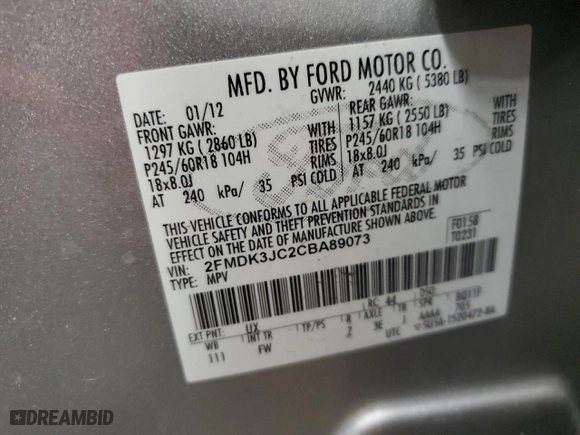 2012 Ford Edge SEL with VIN 2FMDK3JC2CBA89073, listed as a Copart auction lot 48378705 with 119,184 mi miles and Salvage Title. Bid and sale history available at carsss.com. Image 14.