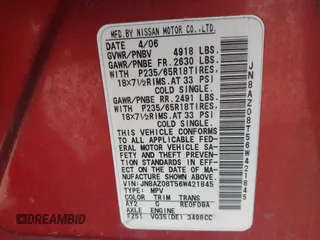 2006 Nissan Murano SL с VIN JN8AZ08T56W421845, выставлен на аукционе IAAI как лот 42431126 с пробегом 186 045 миль миль и . История ставок и продаж доступна на DreamBid. Изображение 9.