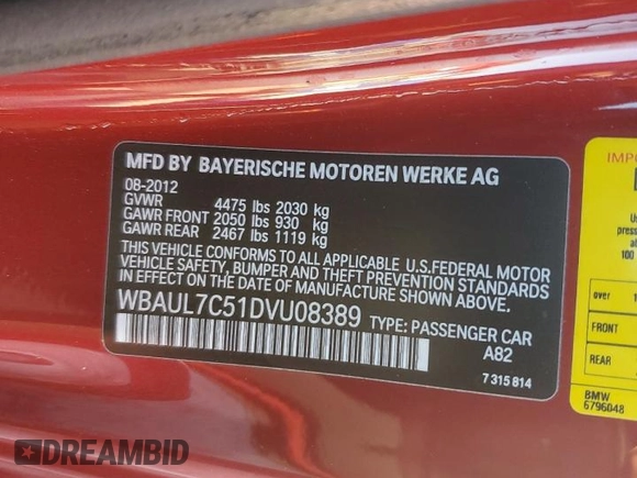 2013 BMW 1 Series 128i with VIN WBAUL7C51DVU08389, listed as a Copart auction lot 80650834 with 63,643 mi miles and Salvage title. Bid and sale history available at DreamBid. Image 14.