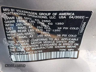 2022 Volkswagen Atlas SEL Premium R-Line with VIN 1V2FE2CA4NC218765, listed as a IAAI auction lot 41103593 with 42,008 mi miles and . Bid and sale history available at DreamBid. Image 9.