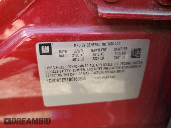 2011 Cadillac CTS with VIN 1G6DA5EY1B0160856, listed as a Copart auction lot 52859315 with 86,787 mi miles and Salvage Title. Bid and sale history available at DreamBid. Image 13.