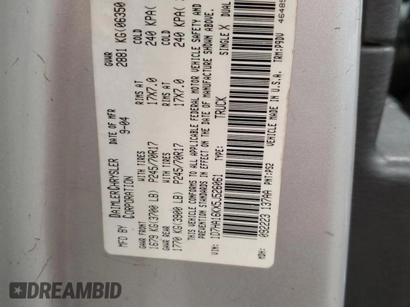 2005 Dodge 1500 ST with VIN 1D7HA16KX5J526061, listed as a Copart auction lot 51813285 with 192,045 mi miles and Salvage Title. Bid and sale history available at DreamBid. Image 12.