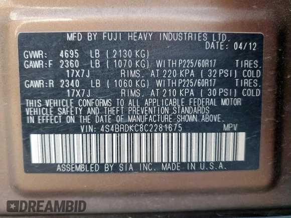 2012 Subaru Outback Limited with VIN 4S4BRDKC8C2281675, listed as a Copart auction lot 59272695 with 88,954 mi miles and Salvage title. Bid and sale history available at DreamBid. Image 13.