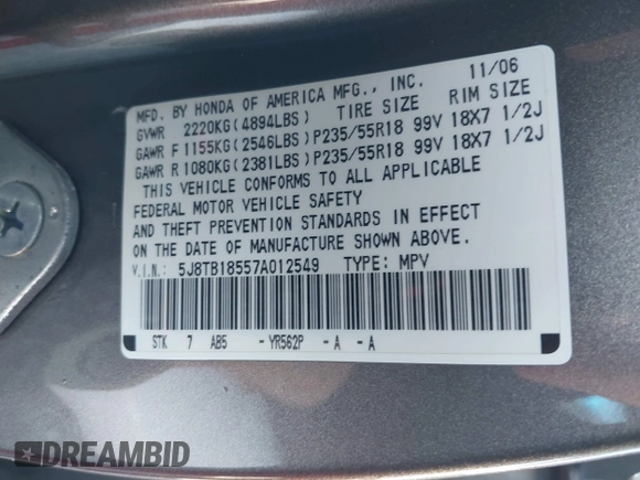 2007 Acura RDX Technology z VIN 5J8TB18557A012549, wystawiony jako IAAI lot #42300049 z przebiegiem 162 262 mil mil oraz . Historia ofert i sprzedaży dostępna na DreamBid. Obrazek 9.