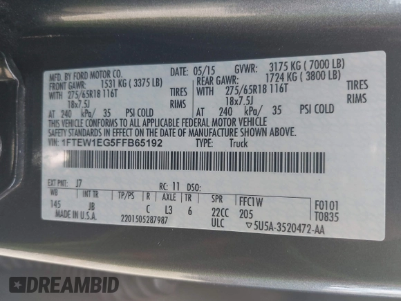 2015 Ford F-150 XLT with VIN 1FTEW1EG5FFB65192, listed as a IAAI auction lot 41784691 with 156,441 mi miles and . Bid and sale history available at DreamBid. Image 9.