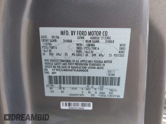 2007 Ford Escape Hybrid with VIN 1FMCU49H47KA90605, listed as a IAAI auction lot 42093591 with 136,924 mi miles and . Bid and sale history available at DreamBid. Image 9.
