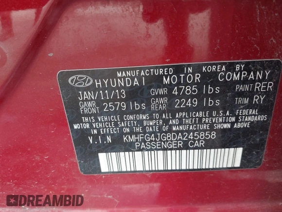 2013 Hyundai Azera с VIN KMHFG4JG8DA245858, выставлен на аукционе IAAI как лот 42657593 с пробегом 157 718 миль миль и . История ставок и продаж доступна на DreamBid. Изображение 9.