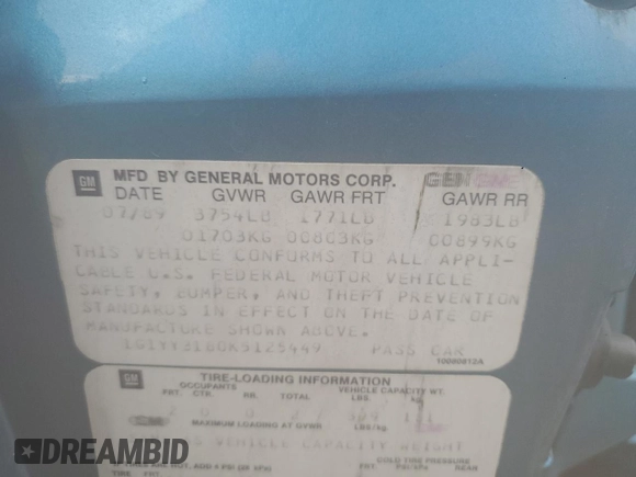 1989 Chevrolet Corvette with VIN 1G1YY3180K5125449, listed as a Copart auction lot 47791165 with 620,509 mi miles and Salvage Title. Bid and sale history available at carsss.com. Image 12.