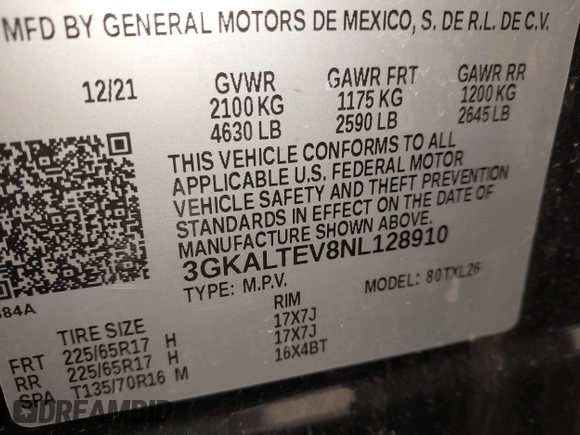2022 GMC Terrain SLE with VIN 3GKALTEV8NL128910, listed as a IAAI auction lot 41843572 with 86,682 mi miles and . Bid and sale history available at DreamBid. Image 9.