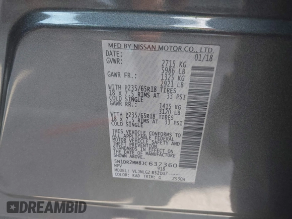 2018 Nissan Pathfinder Platinum with VIN 5N1DR2MM8JC637360, listed as a IAAI auction lot 42549095 with 93,585 mi miles and . Bid and sale history available at DreamBid. Image 9.