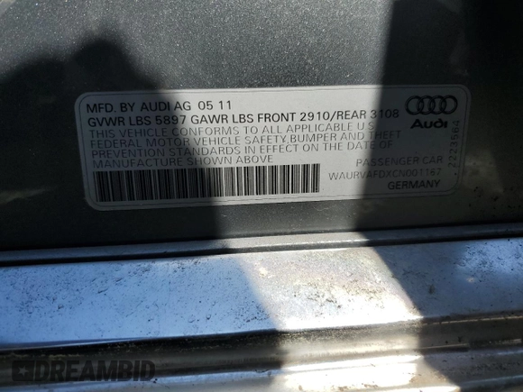 2012 Audi A8 z VIN WAURVAFDXCN001167, wystawiony jako Copart lot #57227105 z przebiegiem 154 409 mil mil oraz Szkoda całkowita • Salvage title. Historia ofert i sprzedaży dostępna na DreamBid. Obrazek 12.