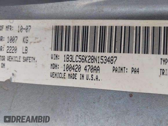 2008 Dodge Avenger SXT with VIN 1B3LC56K28N153487, listed as a IAAI auction lot 41988277 with 153,386 mi miles and . Bid and sale history available at DreamBid. Image 9.