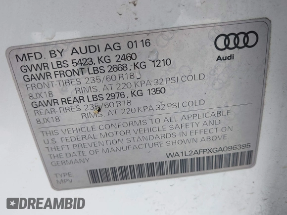 2016 Audi Q5 Premium Plus with VIN WA1L2AFPXGA096395, listed as a IAAI auction lot 41931371 with 98,429 mi miles. Bid and sale history available at carsss.com. Image 9.