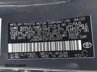 2023 Toyota Corolla Hybrid LE with VIN JTDBCMFE3P3020309, listed as a IAAI auction lot 41785944 with 19,617 mi miles. Bid and sale history available at carsss.com. Image 9.
