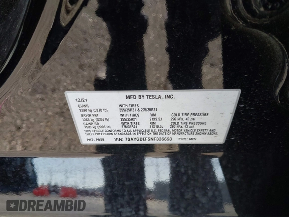 2022 Tesla Model Y Performance with VIN 7SAYGDEF5NF336693, listed as a IAAI auction lot 41805752 with 42,009 mi miles and . Bid and sale history available at DreamBid. Image 9.