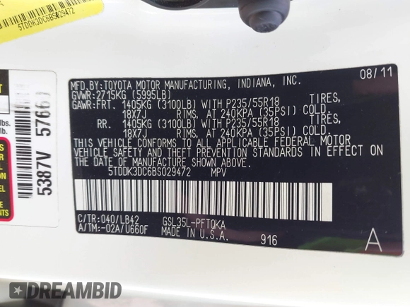 2011 Toyota Sienna XLE с VIN 5TDDK3DC6BS029472, выставлен на аукционе IAAI как лот 42334600 с пробегом 145 860 миль миль и . История ставок и продаж доступна на DreamBid. Изображение 9.