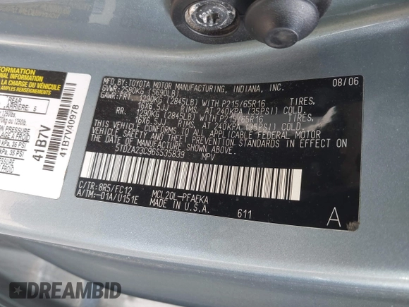 2006 Toyota Sienna CE with VIN 5TDZA23C96S535839, listed as a IAAI auction lot 41616378 with 129,108 mi miles and . Bid and sale history available at DreamBid. Image 9.