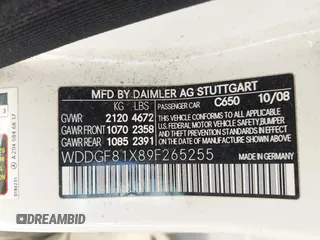 2009 Mercedes-Benz C 300 Sport with VIN WDDGF81X89F265255, listed as a IAAI auction lot 42552867 with 88,548 mi miles and . Bid and sale history available at DreamBid. Image 9.