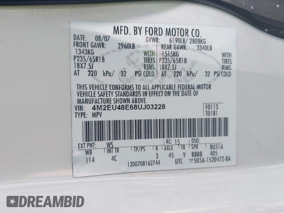 2008 Mercury Mountaineer Premier with VIN 4M2EU48E68UJ03228, listed as a IAAI auction lot 42309085 with 168,420 mi miles and . Bid and sale history available at DreamBid. Image 9.