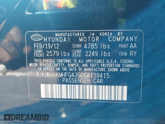 2012 Hyundai Azera with VIN KMHFG4JG0CA138415, listed as a IAAI auction lot 42750561 with 193,993 mi miles and . Bid and sale history available at DreamBid. Image 9.