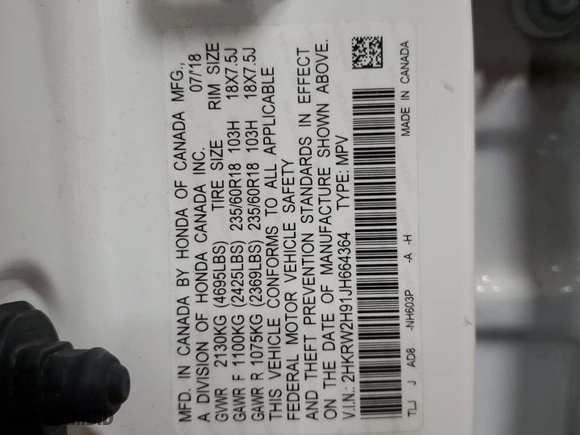 2018 Honda CR-V Touring with VIN 2HKRW2H91JH664364, listed as a Copart auction lot 45270365 with 78,516 mi miles and Salvage Title. Bid and sale history available at carsss.com. Image 15.