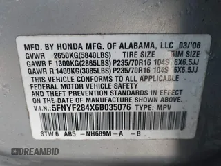 2006 Honda Pilot EX with VIN 5FNYF284X6B035076, listed as a IAAI auction lot 41972090 with 181,279 mi miles and . Bid and sale history available at DreamBid. Image 9.